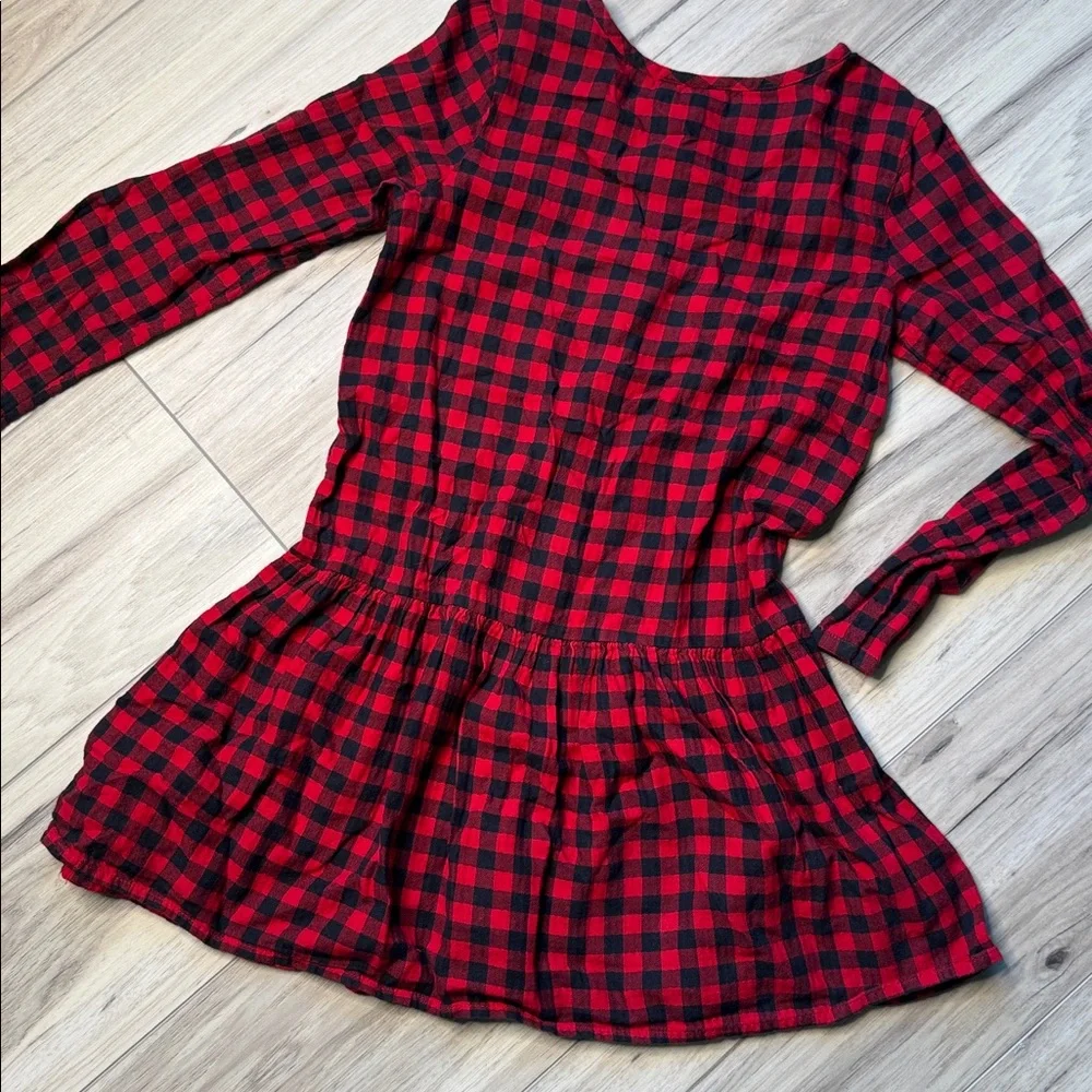 Red and Black Plaid Dress with Floral Detail